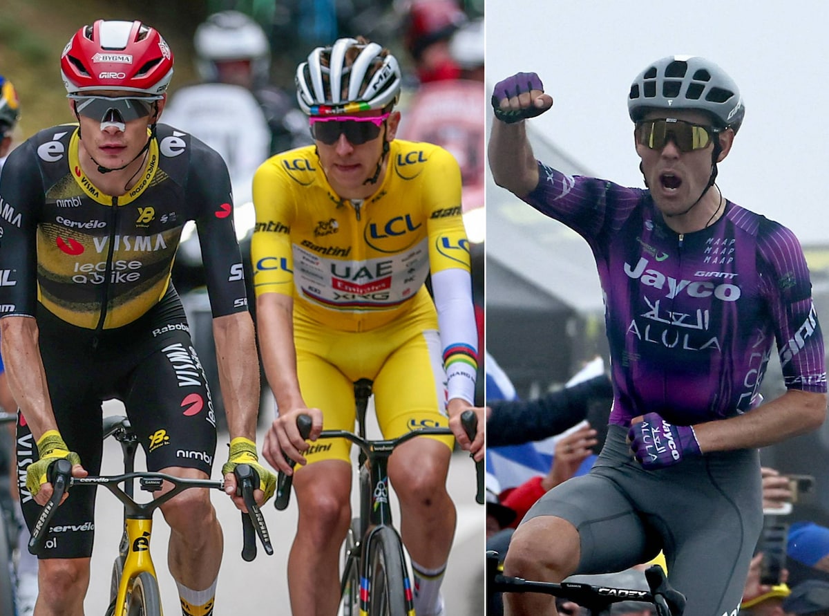 Links: geletruidrager Tadej Pogacar schaduwt Jonas Vingegaard. Rechts: Ben O’Connor wint op de Col de la Loze.