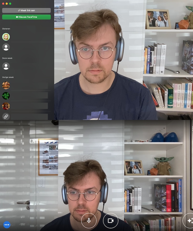 Een videogesprek met Center Stage (boven) versus een gesprek zonder (onder).