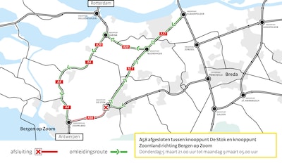 A58 richting Bergen op Zoom afgesloten begin maart: omrijden via A17, A59 en A4