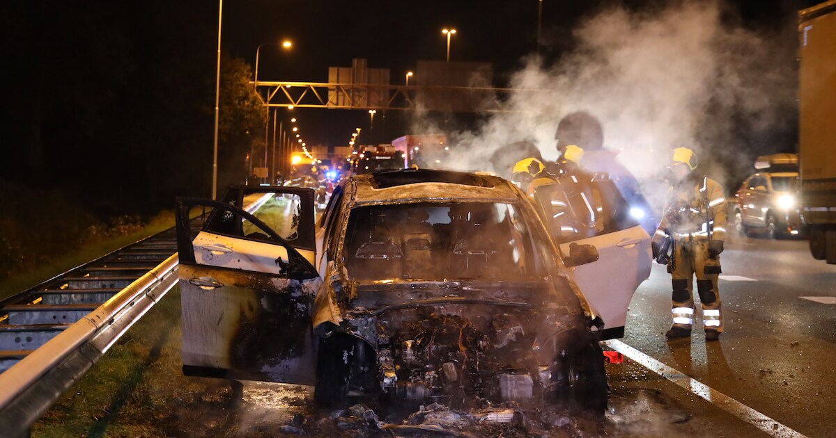 Auto gaat in vlammen op langs de A73 bij Rijkevoort, inzittende en hond met de schrik vrij