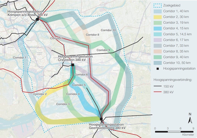 Het kaartje met daarop de tien mogelijke routes voor de nieuwe hoogspanningsmasten en -leidingen.