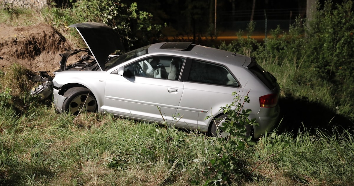 Auto belandt in gras bij Hoogerheide, bestuurder te voet op de vlucht