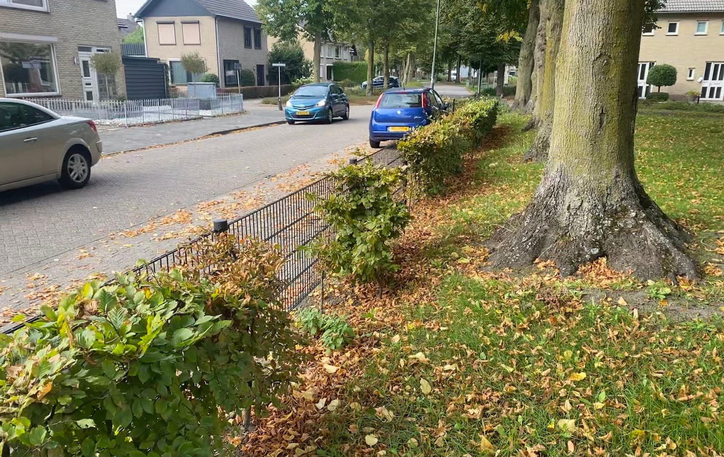 Een laag hekje, meteen de parkeerplaats en dan de weg dicht bij een kruising.