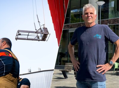 Glazenwasser Paul bungelt uur lang op 20 meter hoogte in hartje Rotterdam: ‘Het was wel even spannend’